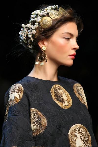 Milan Fashion Week SS 2014 Dolce  Gabbana runway hairstyle flowers coins  016