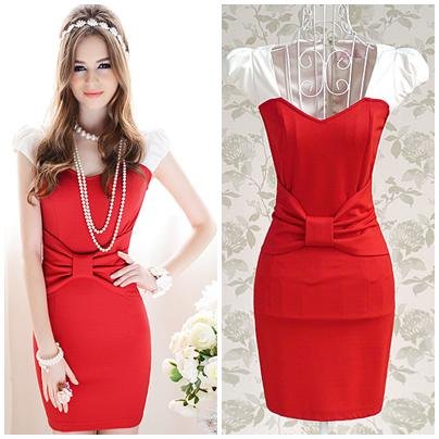 Free-shipping-red-patchwork-bow-sleeveless-sheath-knee-length-ladies-slim-mini-sexy-dress-new-fashion