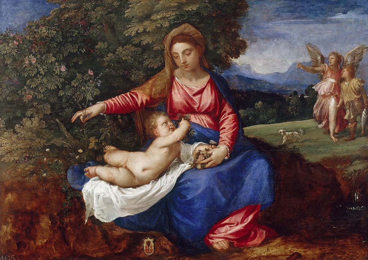 1200px Titian c.1488 Venice 1576 and Workshop Madonna and Child in a Landscape with Tobias and the Angel RCIN 402863 Royal Collection